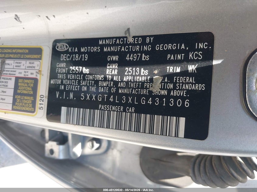 2020 Kia Optima VIN 5XXGT4L3XLG431306 IAAI salvage auction — UNKNOWN, Salvage (California), sold $775 on 2026-07-28 (photo 9)