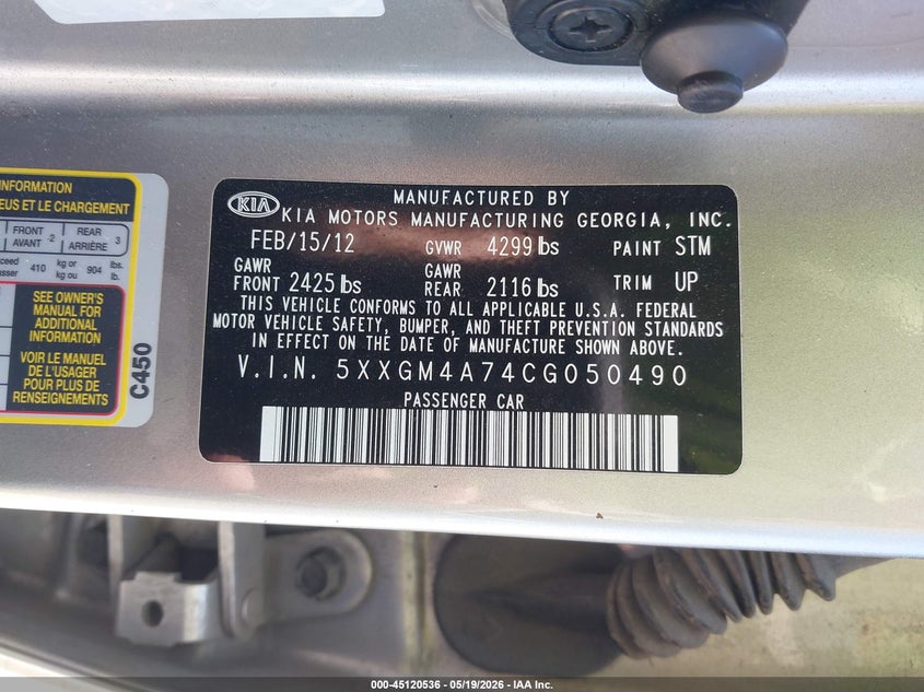 2012 Kia Optima VIN 5XXGM4A74CG050490 IAAI salvage auction — FRONT END, Original (Texas), sold $700 on 2026-07-23 (photo 9)