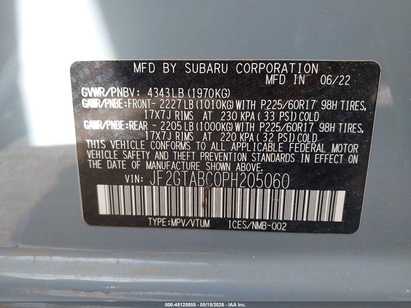 2023 Subaru Xv VIN JF2GTABC0PH205060 IAAI salvage auction — LEFT REAR, Original (Texas), sold $1,650 on 2026-07-21 (photo 9)