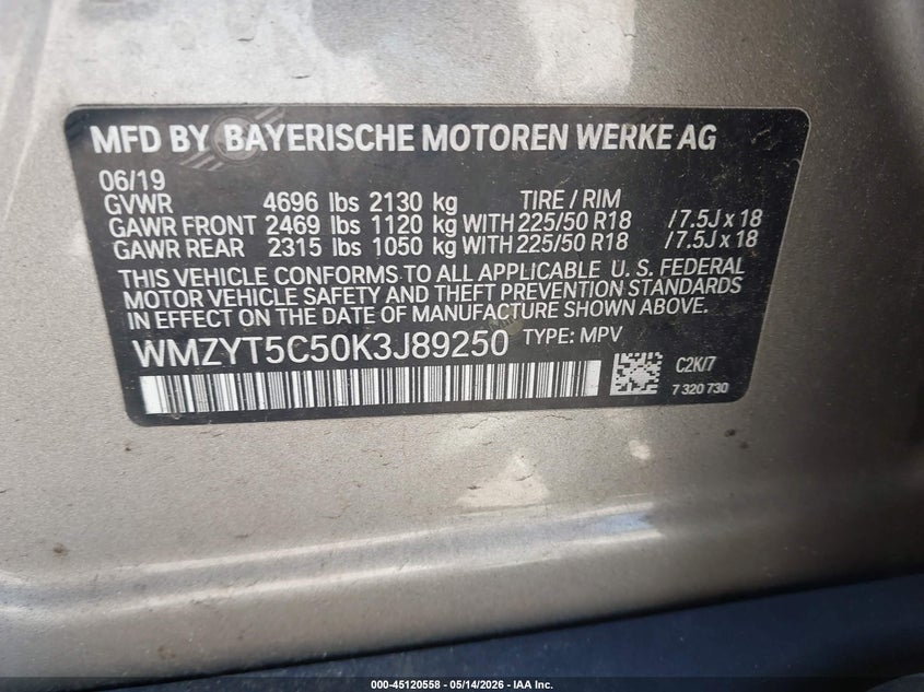 2019 Mini Countryman VIN WMZYT5C50K3J89250 IAAI salvage auction — FRONT END, Salvage (North Carolina), sold $3,000 on 2026-08-21 (photo 9)