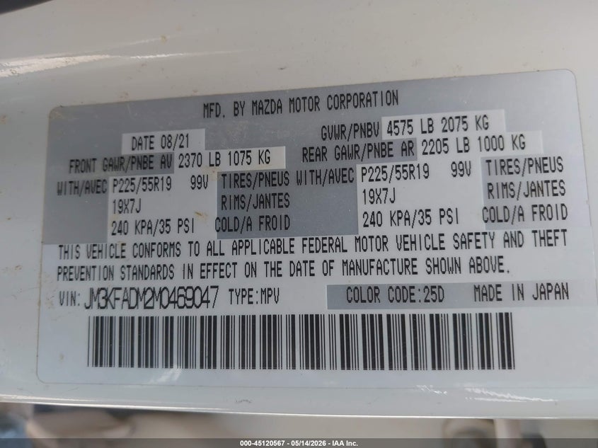 2021 Mazda Cx-5 VIN JM3KFADM2M0469047 IAAI salvage auction — FRONT END, Salvage (Texas), sold $3,600 on 2026-07-12 (photo 9)