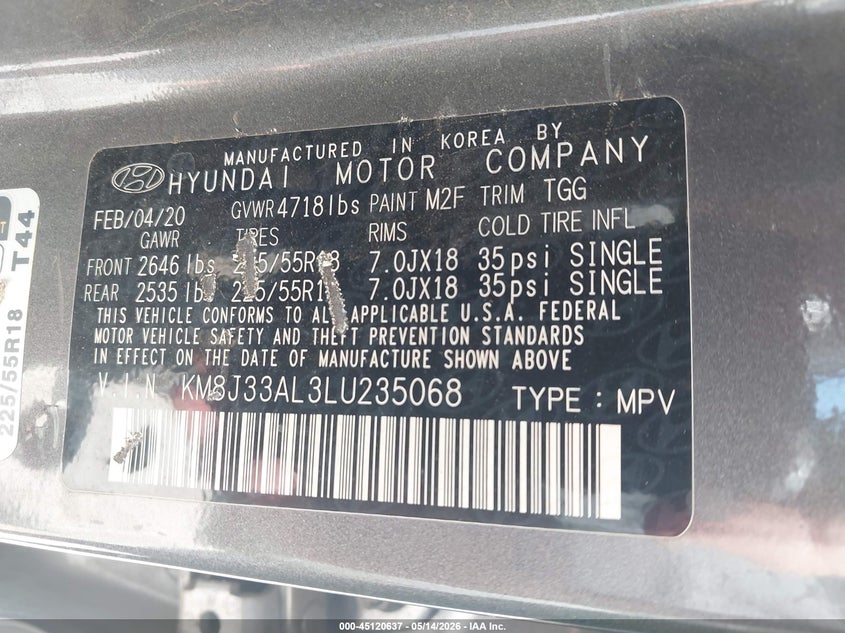 2020 Hyundai Tucson VIN KM8J33AL3LU235068 IAAI salvage auction — FRONT END, Salvage (Texas), sold $2,900 on 2026-07-29 (photo 9)