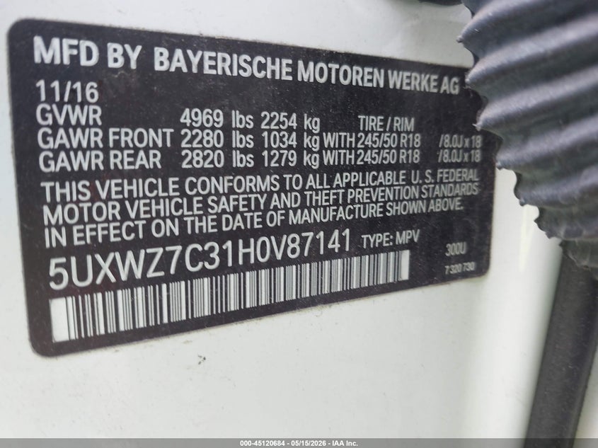 2017 BMW X3 VIN 5UXWZ7C31H0V87141 IAAI salvage auction — HAIL, Clear (Missouri), sold $3,600 on 2026-07-13 (photo 9)