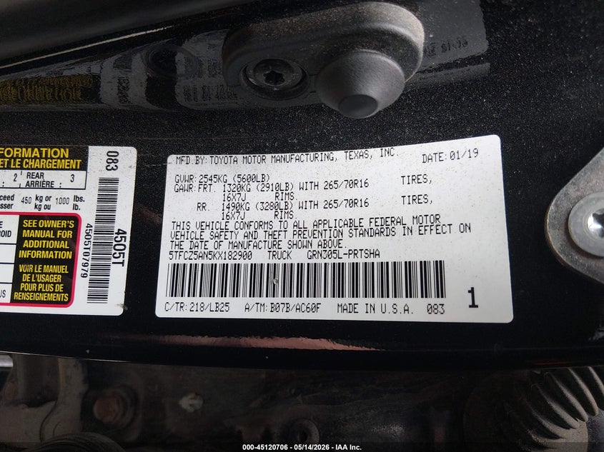 2019 Toyota Tacoma VIN 5TFCZ5AN5KX182900 IAAI salvage auction — FRONT END, Salvage (Maine), sold $13,000 on 2026-07-27 (photo 9)