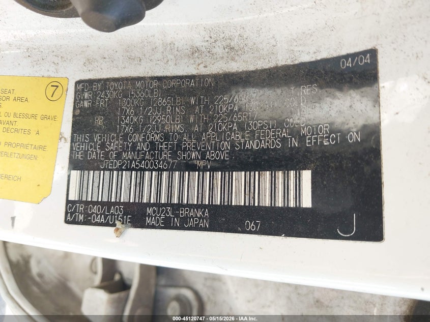 2004 Toyota Highlander VIN JTEDP21A540034677 IAAI salvage auction — BIO HAZARD, Salvage (Georgia), sold $500 on 2026-07-08 (photo 9)