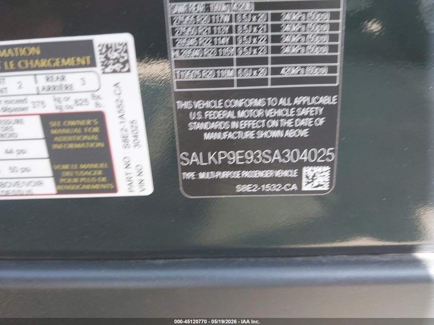 2025 Land rover RANGE ROVER VIN SALKP9E93SA304025 IAAI salvage auction — LEFT FRONT, Salvage (California), sold $67,500 on 2026-07-30 (photo 9)