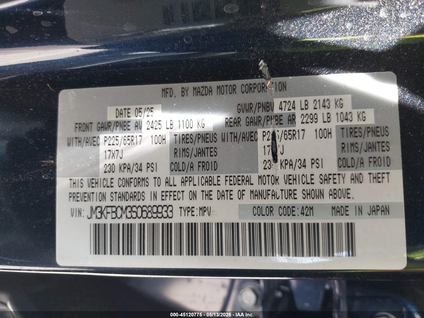 2025 Mazda Cx-5 VIN JM3KFBCM3S0689933 IAAI salvage auction — FRONT & REAR, Salvage (Arizona), sold $2,650 on 2026-07-28 (photo 9)