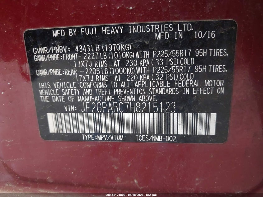 2017 Subaru Xv VIN JF2GPABC7H8215123 IAAI salvage auction — RIGHT FRONT, Clear (New York), sold $3,500 on 2026-07-08 (photo 9)
