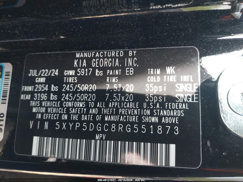 2024 Kia Telluride VIN 5XYP5DGC8RG551873 IAAI salvage auction — REAR END, Salvage (Ohio), sold $15,150 on 2026-07-28 (photo 9)