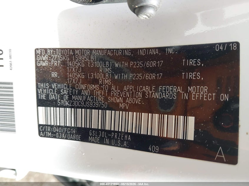2018 Toyota Sienna VIN 5TDKZ3DC9JS939750 IAAI salvage auction — FRONT END, Salvage - Greater Than 75% (Maryland), sold $4,600 on 2026-07-08 (photo 9)