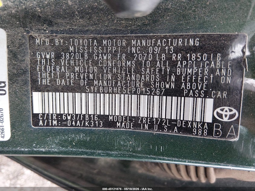 2014 Toyota Corolla VIN 5YFBURHE5EP015267 IAAI salvage auction — RIGHT SIDE, Clear (Oklahoma), sold $3,300 on 2026-07-14 (photo 9)
