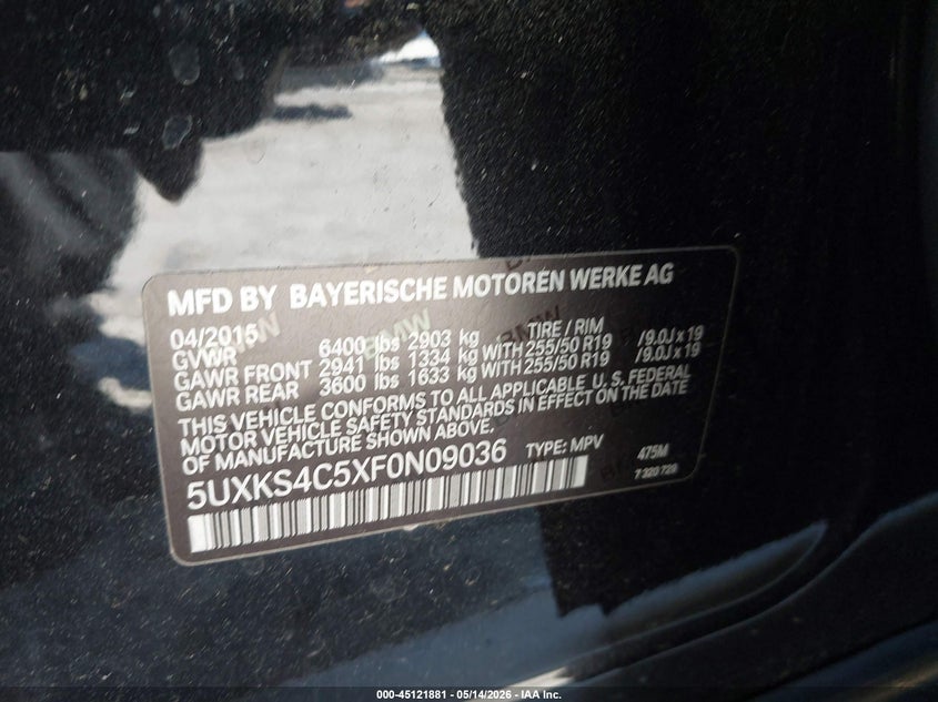 2015 BMW X5 VIN 5UXKS4C5XF0N09036 IAAI salvage auction — FRONT END, Salvage (Georgia), sold $5,100 on 2026-07-22 (photo 9)