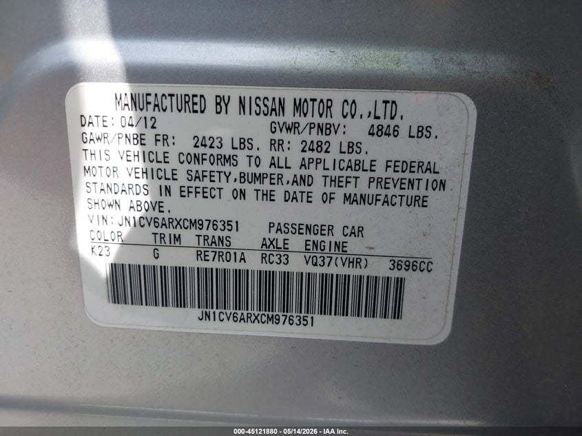 2012 Infiniti G VIN JN1CV6ARXCM976351 IAAI salvage auction — FRONT END, Original (Texas), sold $1,150 on 2026-07-16 (photo 9)