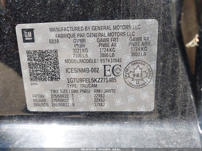 2019 Gmc SIERRA VIN 1GTU9FEL5KZ271485 IAAI salvage auction — REAR END, Clear (Indiana), sold $13,000 on 2026-08-22 (photo 9)