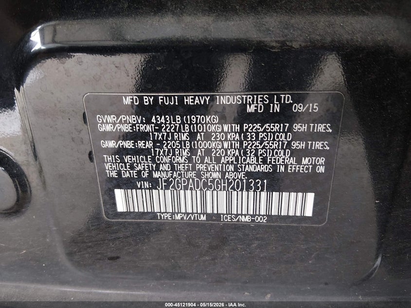 2016 Subaru Xv VIN JF2GPADC5GH201331 IAAI salvage auction — FRONT END, Bill Of Sale (Washington), sold $2,000 on 2026-07-08 (photo 9)