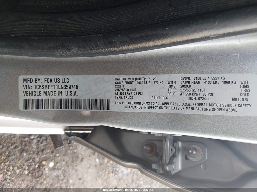 2020 Ram 1500 VIN 1C6SRFFT1LN359746 IAAI salvage auction — LEFT SIDE, Salvage (Louisiana), sold $5,800 on 2026-07-19 (photo 9)