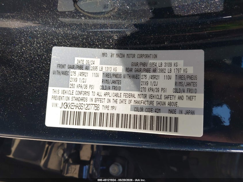 2025 Mazda Cx-90 VIN JM3KKEHA8S1207768 IAAI salvage auction — RIGHT SIDE, Salvage (Minnesota), sold $9,900 on 2026-07-29 (photo 9)