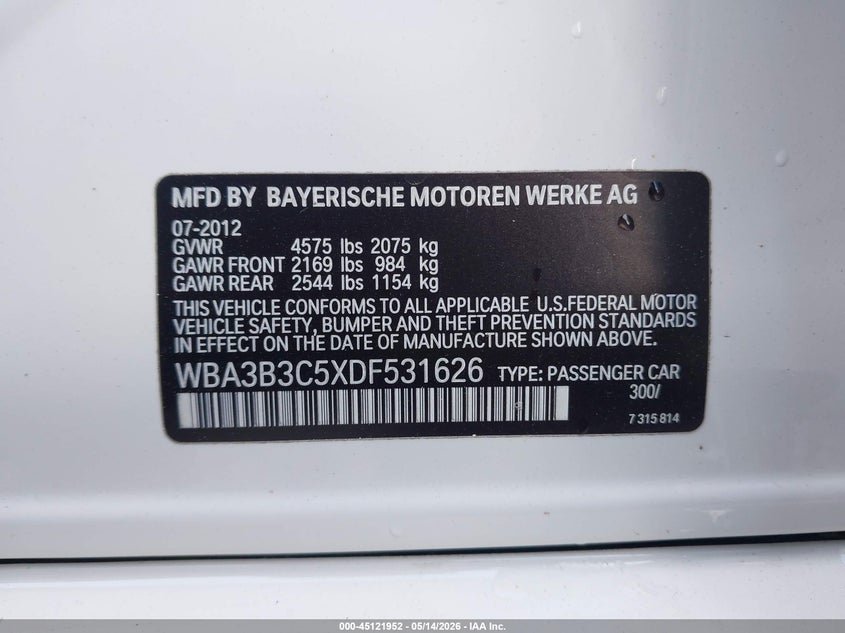 2013 BMW 3er VIN WBA3B3C5XDF531626 IAAI salvage auction — RIGHT FRONT, Bill Of Sale (Washington), sold $1,050 on 2026-08-05 (photo 9)