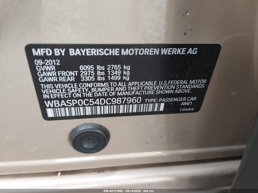 2013 BMW 5er VIN WBASP0C54DC987960 IAAI salvage auction — FRONT & REAR, Bill Of Sale (Washington), sold $375 on 2026-07-15 (photo 9)