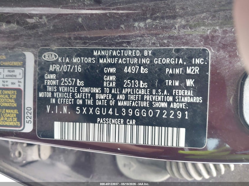 2016 Kia Optima VIN 5XXGU4L39GG072291 IAAI salvage auction — HAIL, Salvage (Missouri), sold $600 on 2026-07-13 (photo 9)