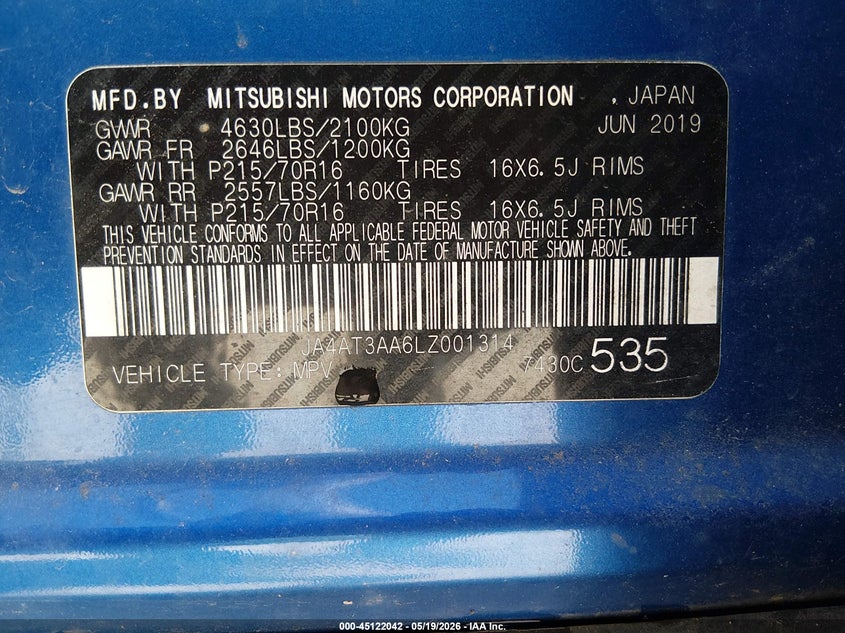 2020 Mitsubishi Eclipse cross VIN JA4AT3AA6LZ001314 IAAI salvage auction — FRONT END, Salvage Title, sold $875 on 2026-07-22 (photo 9)