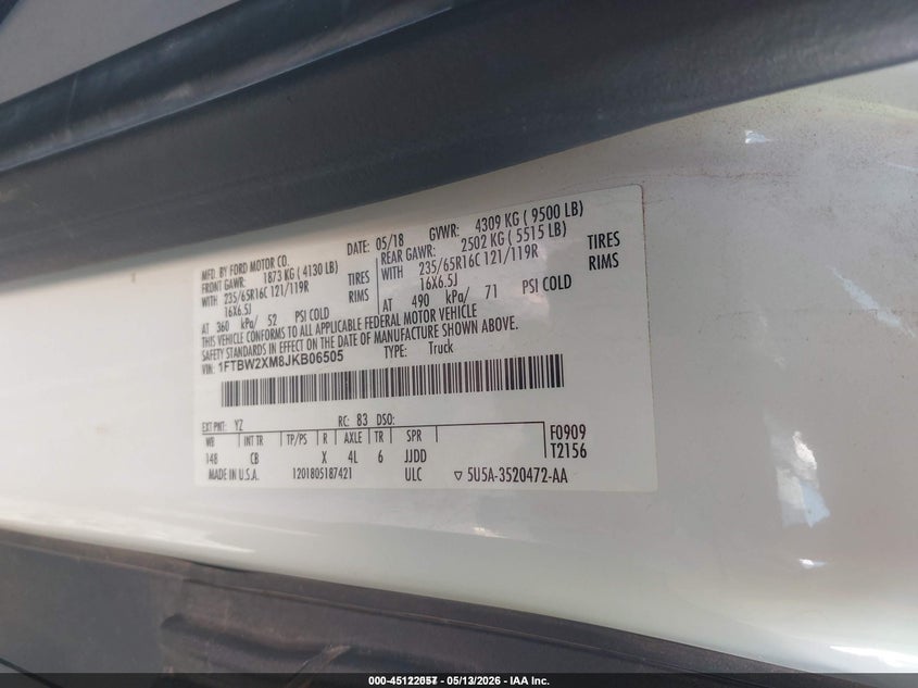 2018 Ford Transit-350 VIN 1FTBW2XM8JKB06505 IAAI salvage auction — NORMAL WEAR, Sf97 (Texas), sold $30,700 on 2026-07-07 (photo 9)
