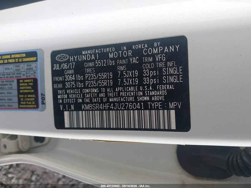 2018 Hyundai Santa fe VIN KM8SR4HF4JU276041 IAAI salvage auction — FRONT END, Clear (Arkansas), sold $1,650 on 2026-07-09 (photo 9)