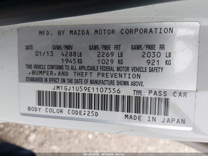 2014 Mazda 6 VIN JM1GJ1U59E1107556 IAAI salvage auction — HAIL, Clear (Missouri), sold $2,250 on 2026-07-13 (photo 9)
