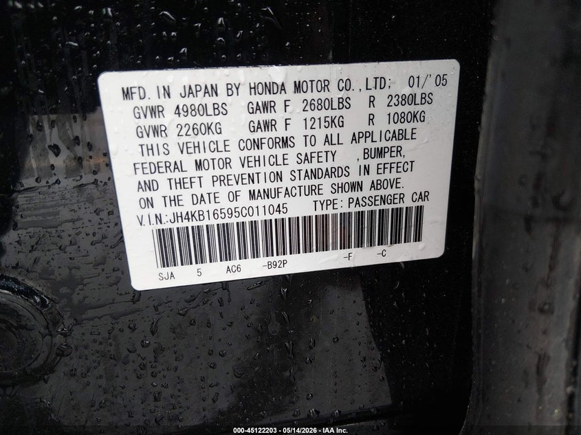 2005 Acura Rl VIN JH4KB16595C011045 IAAI salvage auction — RIGHT FRONT, Bill Of Sale (Connecticut), sold $25 on 2026-07-23 (photo 9)