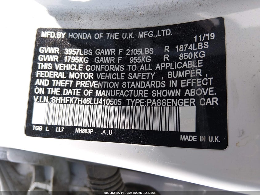 2020 Honda Civic VIN SHHFK7H46LU410505 IAAI salvage auction — FRONT END, Salvage (Nevada), sold $3,600 on 2026-07-31 (photo 9)