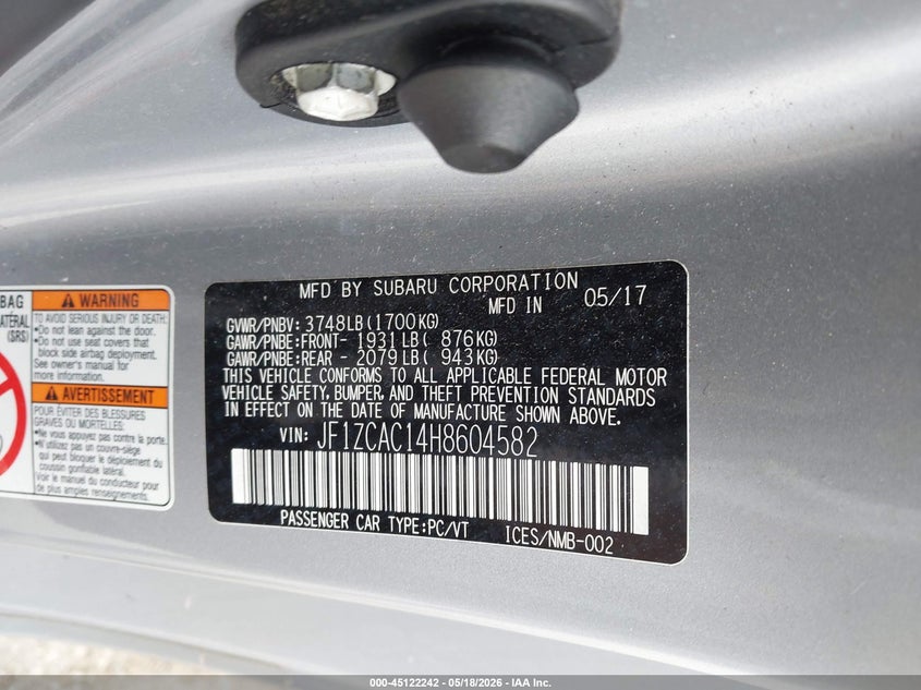 2017 Subaru Brz VIN JF1ZCAC14H8604582 IAAI salvage auction — RIGHT FRONT, Salvage (Illinois), sold $3,750 on 2026-07-28 (photo 9)