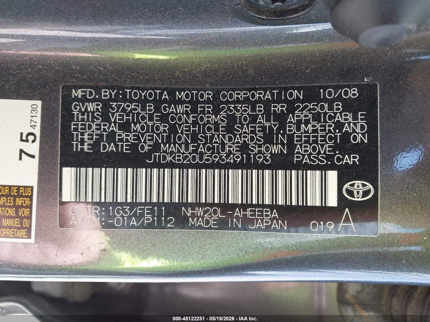 2009 Toyota Prius VIN JTDKB20U593491193 IAAI salvage auction — LEFT REAR, Salvage (New Mexico), sold $225 on 2026-07-06 (photo 9)