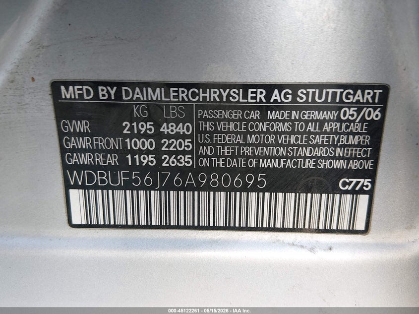 2006 Mercedes-benz E-class VIN WDBUF56J76A980695 IAAI salvage auction — LEFT FRONT, Salvage (Oregon), sold $350 on 2026-07-13 (photo 9)
