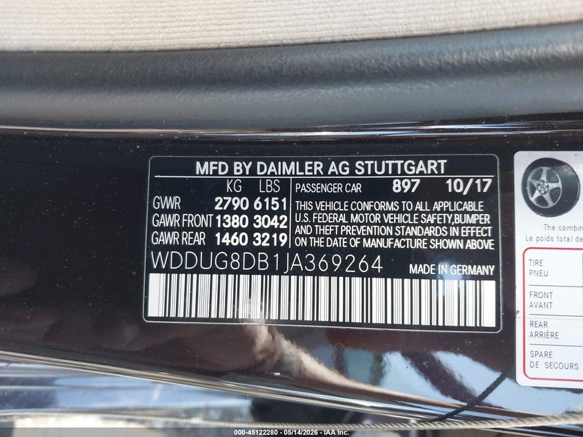 2018 Mercedes-benz S-klasse VIN WDDUG8DB1JA369264 IAAI salvage auction — RIGHT SIDE, Salvage (North Carolina), sold $7,000 on 2026-07-23 (photo 9)