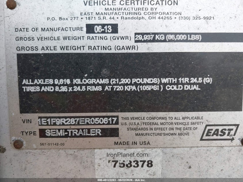 2014 East manufacturing Grain trailer VIN 1E1F9R287ER050617 IAAI salvage auction — ALL OVER, Salvage (North Carolina), sold $5,450 on 2026-08-07 (photo 9)