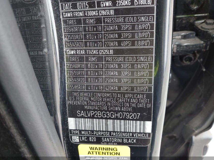 2016 Land rover Range rover evoque VIN SALVP2BG3GH079207 IAAI salvage auction — REAR END, Salvage (California), sold $2,125 on 2026-07-08 (photo 9)