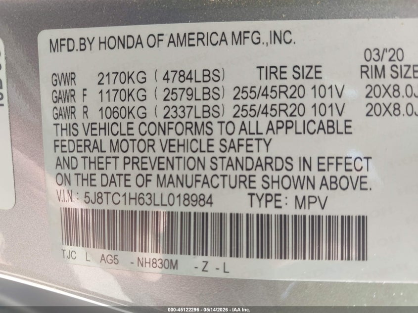 2020 Acura Rdx VIN 5J8TC1H63LL018984 IAAI salvage auction — REAR END, Original (Texas), sold $9,000 on 2026-07-23 (photo 9)