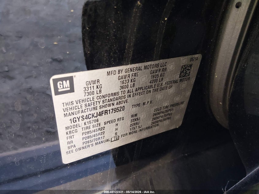 2015 Cadillac Escalade VIN 1GYS4CKJ4FR179520 IAAI salvage auction — RIGHT SIDE, Salvage Title, sold $6,200 on 2026-08-21 (photo 9)