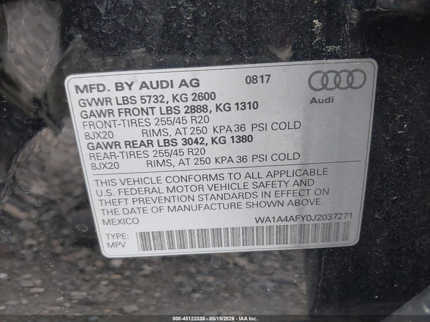 2018 Audi Sq5 VIN WA1A4AFY0J2037271 IAAI salvage auction — LEFT FRONT, Salvage (Pennsylvania), sold $50 on 2026-07-28 (photo 9)