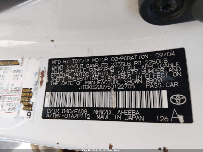 2005 Toyota Prius VIN JTDKB20U950122705 IAAI salvage auction — NORMAL WEAR, Clear (Illinois), sold $375 on 2026-07-29 (photo 9)