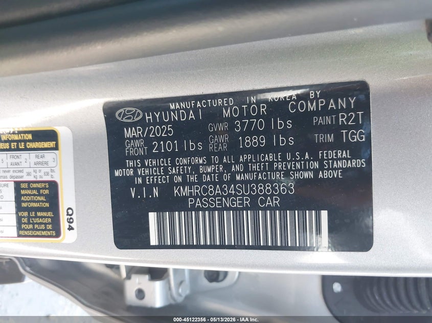 2025 Hyundai Venue VIN KMHRC8A34SU388363 IAAI salvage auction — FRONT & REAR, Clear (Oklahoma), sold $7,375 on 2026-07-22 (photo 9)