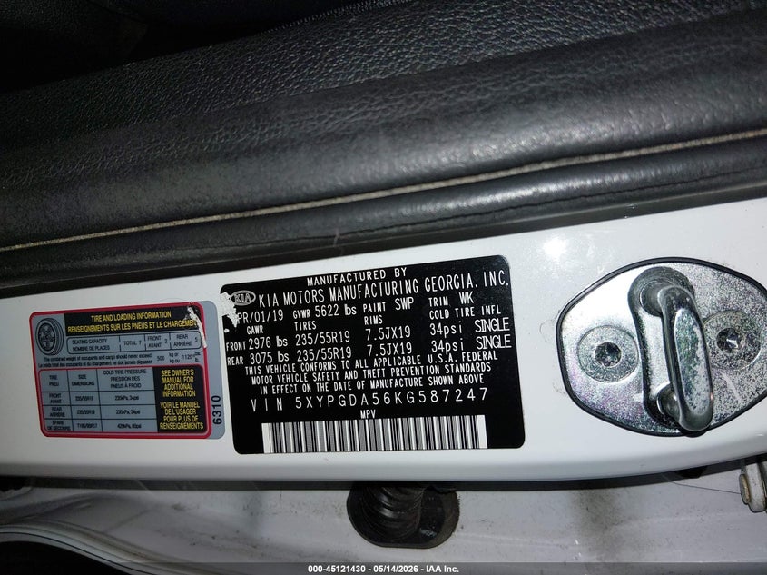 2019 Kia Sorento VIN 5XYPGDA56KG587247 IAAI salvage auction — LEFT REAR, Salvage (Oregon), sold $3,350 on 2026-07-09 (photo 9)