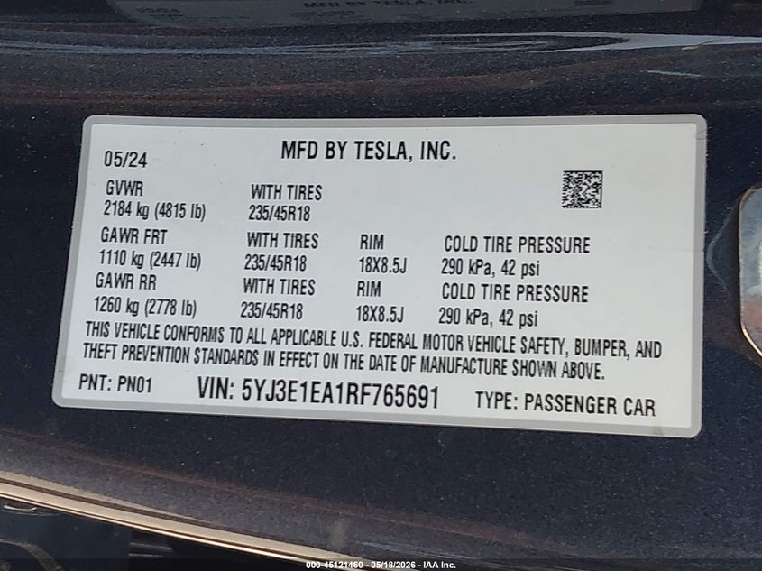 2024 Tesla Model 3 VIN 5YJ3E1EA1RF765691 IAAI salvage auction — FRONT END, Rebuildable (Florida), sold $9,500 on 2026-07-10 (photo 9)