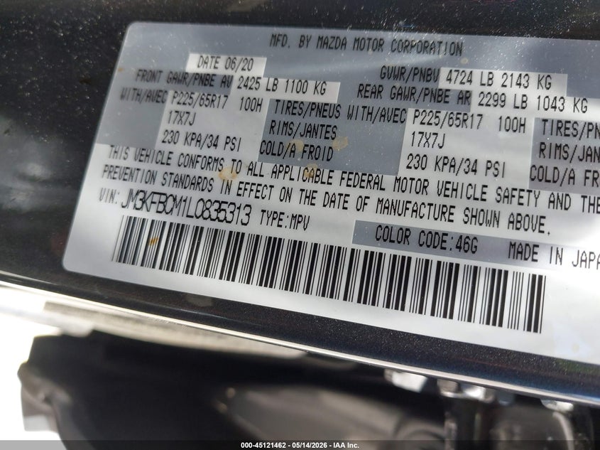 2020 Mazda Cx-5 VIN JM3KFBCM1L0835313 IAAI salvage auction — FRONT & REAR, Original (Texas), sold $5,700 on 2026-07-17 (photo 9)