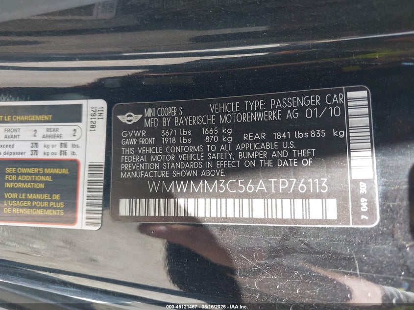 2010 Mini Cooper VIN WMWMM3C56ATP76113 IAAI salvage auction — HAIL, Clear (Missouri), sold $25 on 2026-07-06 (photo 9)