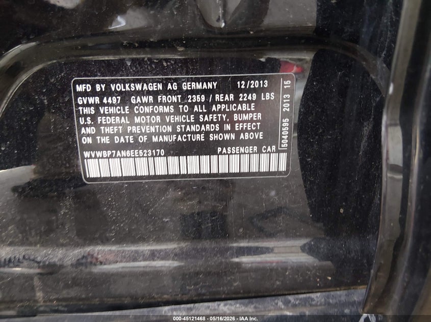 2014 Volkswagen Passat cc VIN WVWBP7AN6EE523170 IAAI salvage auction — LEFT SIDE, Salvage (Missouri), sold $875 on 2026-08-19 (photo 9)