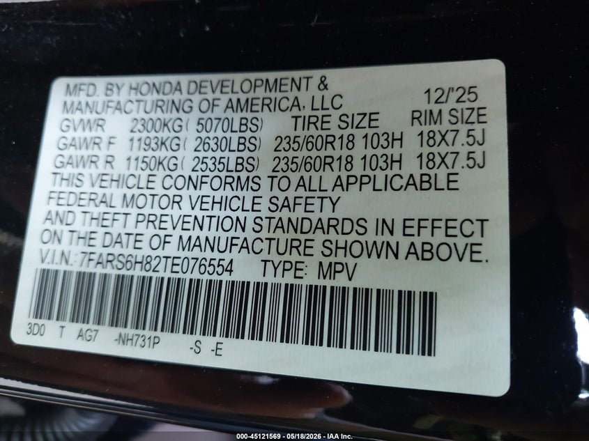 2026 Honda Cr-v VIN 7FARS6H82TE076554 IAAI salvage auction — FRONT & REAR, Mv-907A (New York), sold $14,300 on 2026-07-29 (photo 9)