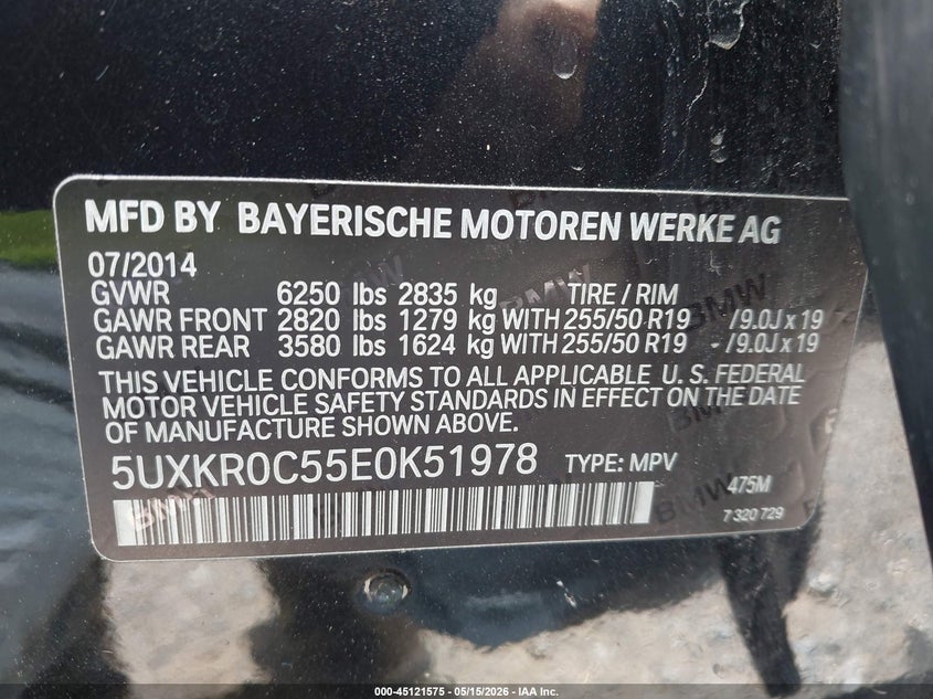 2014 BMW X5 VIN 5UXKR0C55E0K51978 IAAI salvage auction — FRONT END, Salvage (Virginia), sold $3,400 on 2026-07-24 (photo 9)