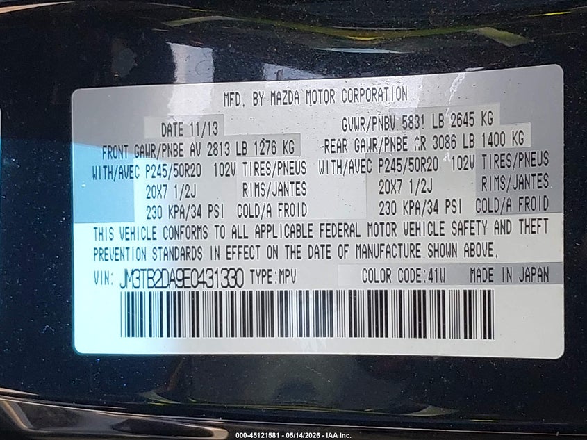 2014 Mazda Cx-9 VIN JM3TB2DA9E0431330 IAAI salvage auction — FRONT END, Salvage (Texas), sold $450 on 2026-07-14 (photo 9)