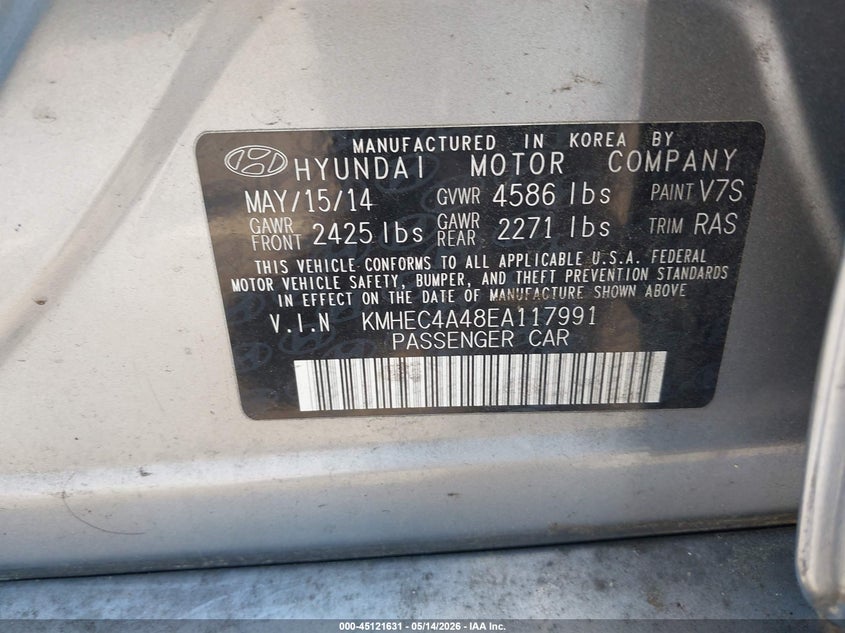 2014 Hyundai Sonata VIN KMHEC4A48EA117991 IAAI salvage auction — LEFT REAR, Salvage (North Carolina), sold $250 on 2026-07-22 (photo 9)